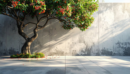 A twisted orange tree with ripe fruit and scattered berries on a sunlit concrete patio next to a textured wall.の素材