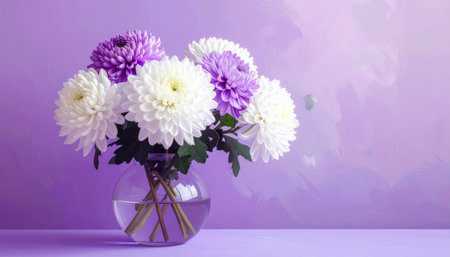 White and lavender chrysanthemums in a round glass vase on a purple surface and background.の素材