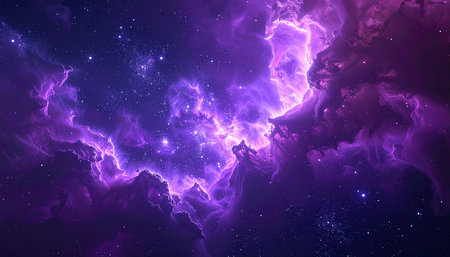 A vibrant purple nebula with glowing gas clouds and countless distant stars in deep space.の素材