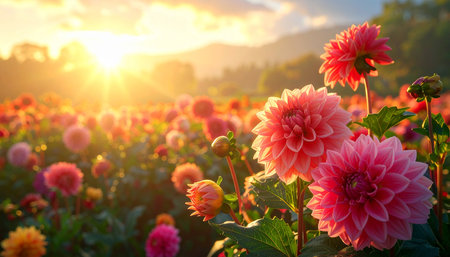 Close-up view of pink dahlias in a field at sunrise with golden sun rays illuminating the sceneの素材