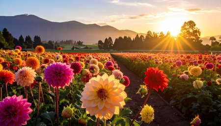 A vast field of colorful dahlias bathed in the golden light of sunrise with mountains in the background.の素材
