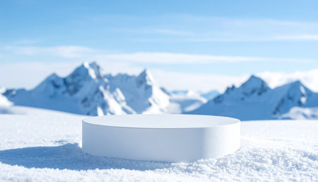 A white cylindrical podium is positioned on a snowy surface with blurred snowy mountains in the distance.の素材