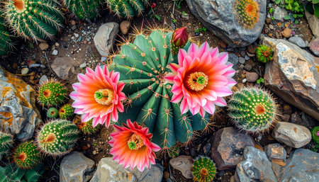 A close-up overhead view of a blooming cactus surrounded by other succulents and rocks.の素材