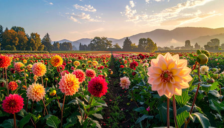 A vast field of colorful dahlias in bloom under a golden sunrise with rolling hills in the background.の素材