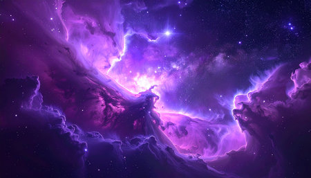 A vast expanse of space filled with swirling purple and pink nebulae and countless distant stars.の素材