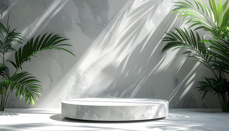 A white marble podium is framed by lush green tropical plants casting shadows in the dappled sunlight.の素材