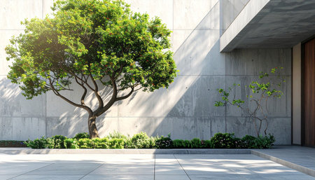 A vibrant green tree with lush foliage is set against a modern concrete wall in a minimalist outdoor courtyard.の素材