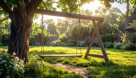 A wooden swing hangs from a large tree in a lush green garden bathed in warm sunlight.の素材