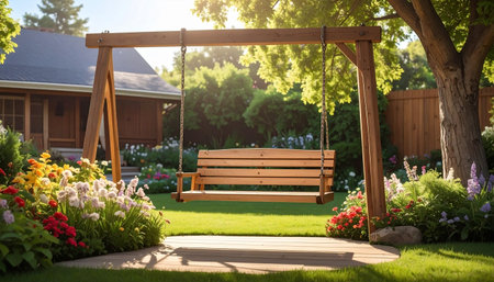 A wooden swing set is positioned in a vibrant garden, featuring a house, flowerbeds, and dappled sunlight.の素材