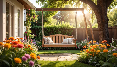 A wooden bench swing sits in a lush garden surrounded by blooming flowers and dappled sunlightの素材