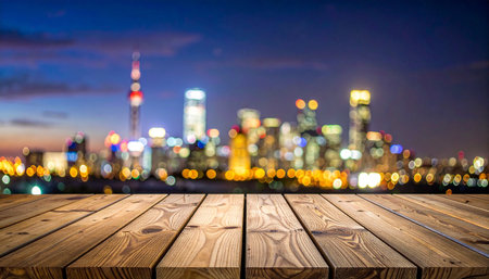 Wooden table surface in foreground with blurred city skyline and bokeh lights at nightの素材