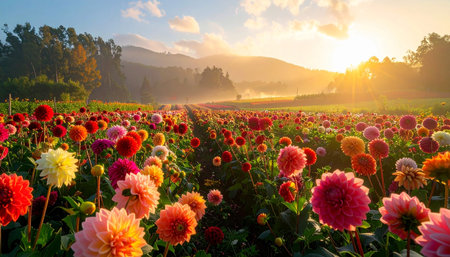 A vast field of colorful dahlias blooms under the golden sunrise with sunbeams illuminating the mist.の素材