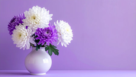 White and purple chrysanthemums are arranged in a white ceramic vase on a purple surface.の素材