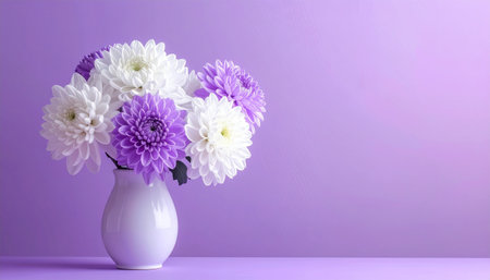A bouquet of white and purple chrysanthemums in a white vase against a pastel purple background.の素材