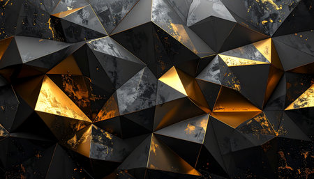 A close-up of a dark geometric pattern with sharp edges and gold accents. Clear details and vibrant colors enhance vi...の素材