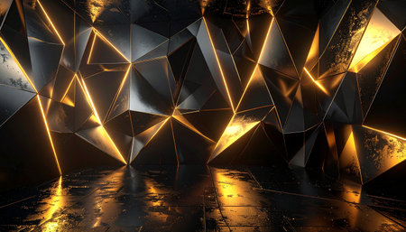 Complex showing abstract geometric room interior with glowing orange lines and reflective floor keywords: abstract,...の素材