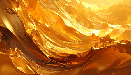 Abstract image of swirling golden liquid with dramatic light and shadow, creating a sense of depth and movement.の素材