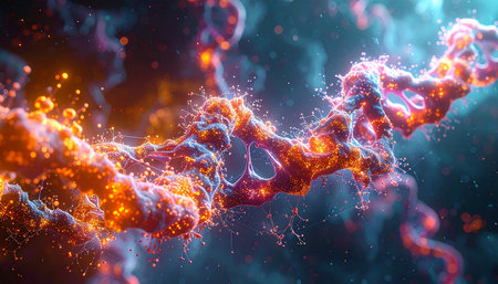 A vibrant, glowing abstract DNA strand with intricate details, orange and blue light, and scattered particles.の素材