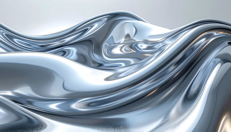 A close-up abstract view of flowing liquid metal with smooth curves and bright reflections.の素材