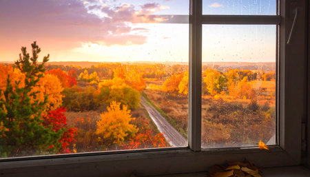 Autumn forest landscape at sunset viewed through a window with rain drops on the glass paneの素材