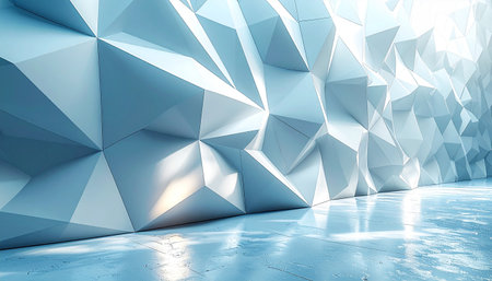 Abstract geometric wall and floor with cool blue light reflections and shadows creating a modern design.の素材