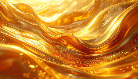 Abstract undulating golden waves with fine glitter particles and bright, luminous highlights creating a rich texture.の素材