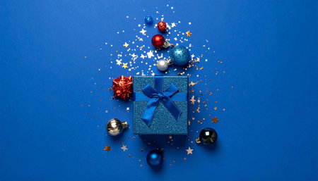 A blue gift box is arranged with red and blue ornaments and gold stars on a blue surface.の素材