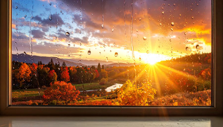 Autumn landscape with colorful trees and a river seen through a window with raindropsの素材