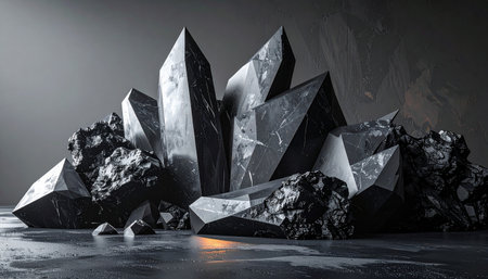 A cluster of sharp black obsidian crystals with rough textures on a dark reflective surface.の素材