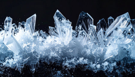 Intricate crystalline structures of sharp ice formations are captured in a close-up macro view.の素材
