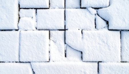 A detailed close-up of interlocking paving stones with uneven snow coverage, casting subtle shadows.の素材