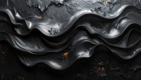 A dark abstract texture with swirling liquid forms and metallic sheen, accented by glittering particles.の素材