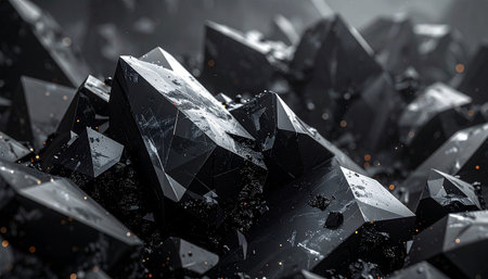 Macro view of sharp black obsidian crystals with scattered glowing orange particles and rough texture.の素材