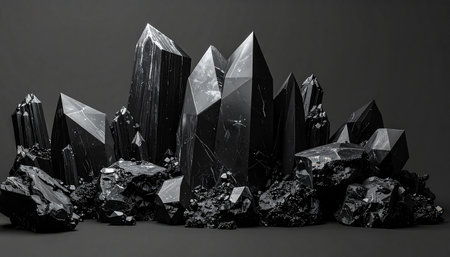 A collection of tall, dark black tourmaline crystals with jagged, pointed edges and rough textures.の素材