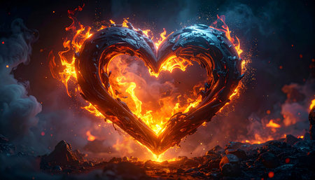 A dark heart shape with jagged edges is ablaze with fiery orange flames and smoke.の素材