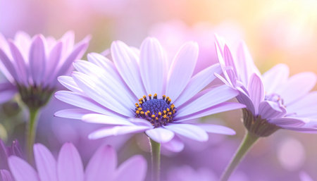 Delicate purple daisy flowers with yellow centers bathed in soft sunlight creating a bokeh effect.の素材