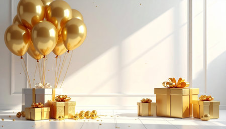 A large cluster of gold balloons hovers over gold gift boxes scattered with gold confetti and spheres.の素材