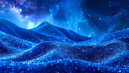 A surreal landscape of flowing blue glitter hills under a cosmic sky with a nebula and scattered stars.の素材