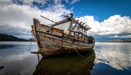 A decaying wooden boat with a broken cabin rests on shallow water beneath a dramatic cloudy sky.の素材