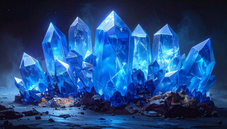 A cluster of bright blue crystals with an internal glow sits on dark earth. Clear details and vibrant colors enhance ...の素材