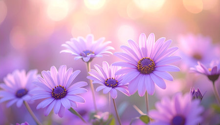 A cluster of purple asters with yellow centers illuminated by warm golden hour sunlight.の素材