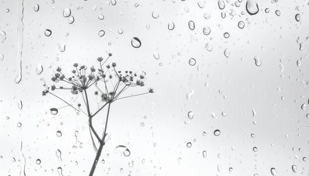 Overlay showing delicate plant silhouette against rain covered glass. High resolution image suitable for commercial use.の素材