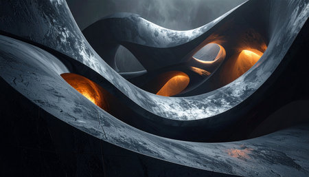 Dark abstract swirling forms with glowing orange light emanating from openings creating a dramatic contrast.の素材