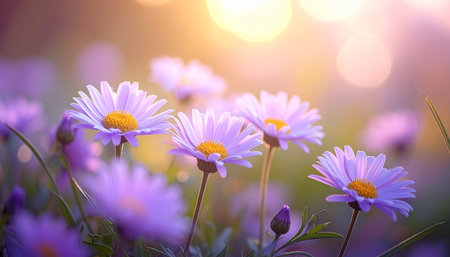 A cluster of purple daisies with yellow centers are illuminated by warm golden hour sunlight, creating a soft bokeh...の素材