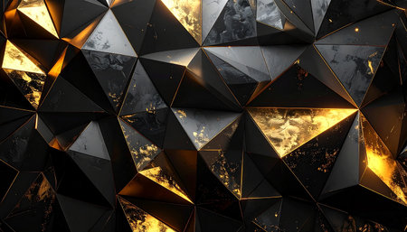 A dark geometric faceted surface with shimmering gold accents and subtle textured details.の素材