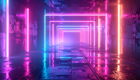 An endless tunnel of pink and blue neon lights creates a futuristic pathway with reflections on the wet floor.の素材