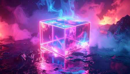 A glowing neon cube with cosmic swirls sits on a textured, alien-like landscape with a wet, reflective surface and...の素材