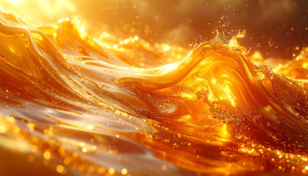 Dynamic golden liquid waves with splashing droplets and sparkling glitter create a sense of motion.の素材