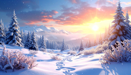 Footprints mark a snowy path through a winter forest towards sunlit mountains at dawn.の素材