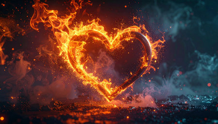 Burning heart on dark background. Love concept. 3D Renderingの素材